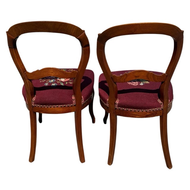 Pair Antique C1880 Victorian Walnut Side Chairs Needlepoint French Polished For Sale - Image 4 of 18