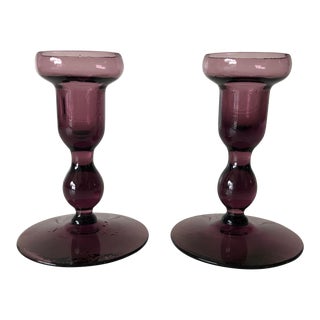 Midcentury Amethyst Glass Candleholder S/2 For Sale