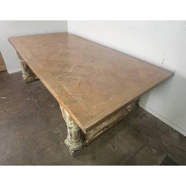 Gray Rustic Painted Dining Table W/ Herringbone Pattern Top For Sale - Image 8 of 16