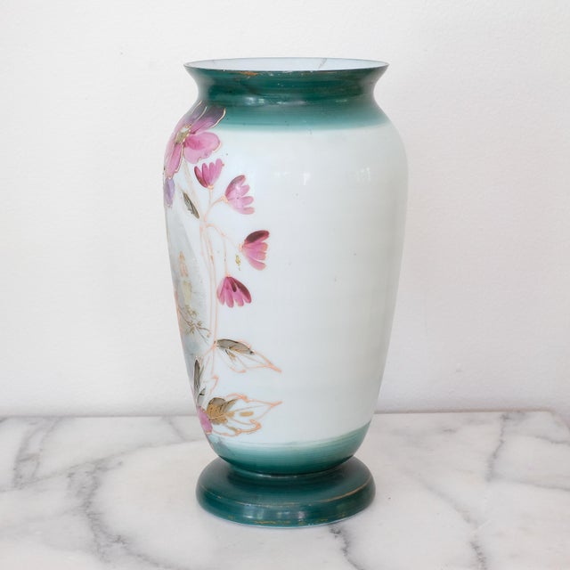Antique French opaline glass vase, with hand-painted details.