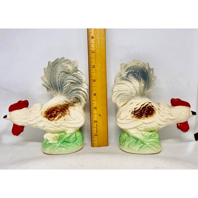 Vintage Hand-Painted Lusterware Ceramic Rooster Figurines From Brazil - A Pair For Sale - Image 9 of 12
