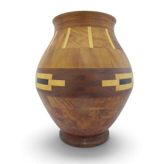 Handcrafted segmented wood turned vase with Southwest geometric design. Handcrafted from Rosewood, Madrono Laurel,...