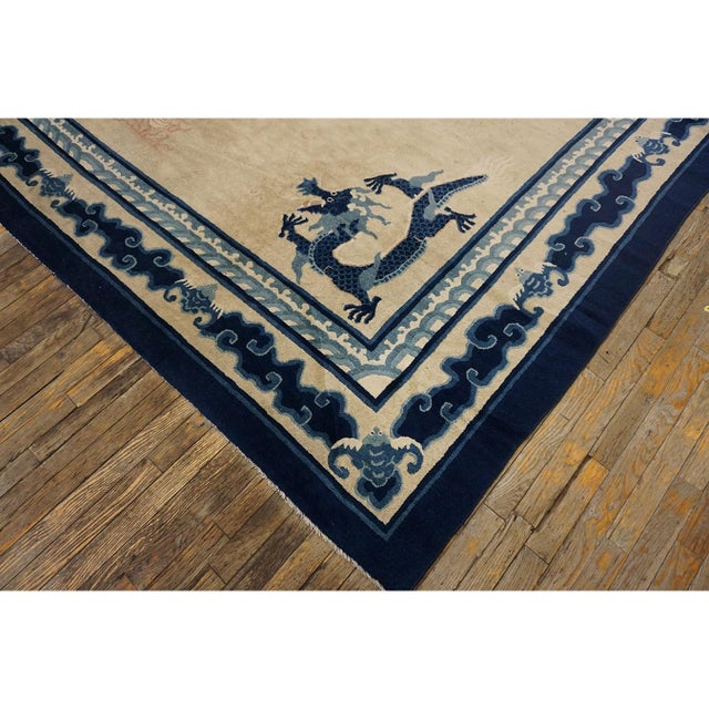 Textile 1890s Ivory Blue Open Antique Chinese Peking Dragon Carpet 10'2"x12'8" Wool Rug For Sale - Image 7 of 9