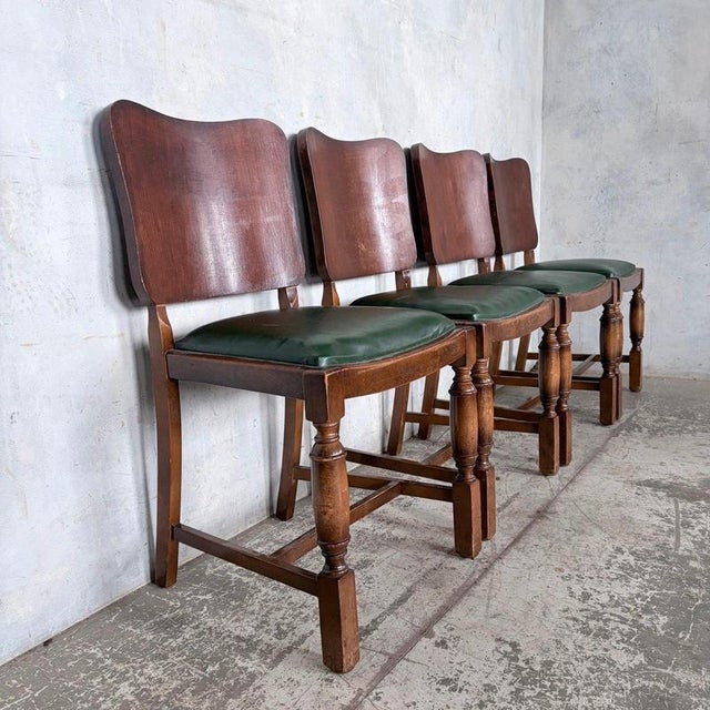 Arts and Crafts Art Deco Oak Dining Chairs with Green Vinyl Seats, Set of 4 For Sale - Image 6 of 9