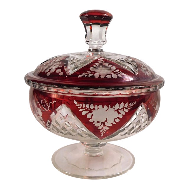 1950s Red Footed Covered Cut to Clear Dish For Sale