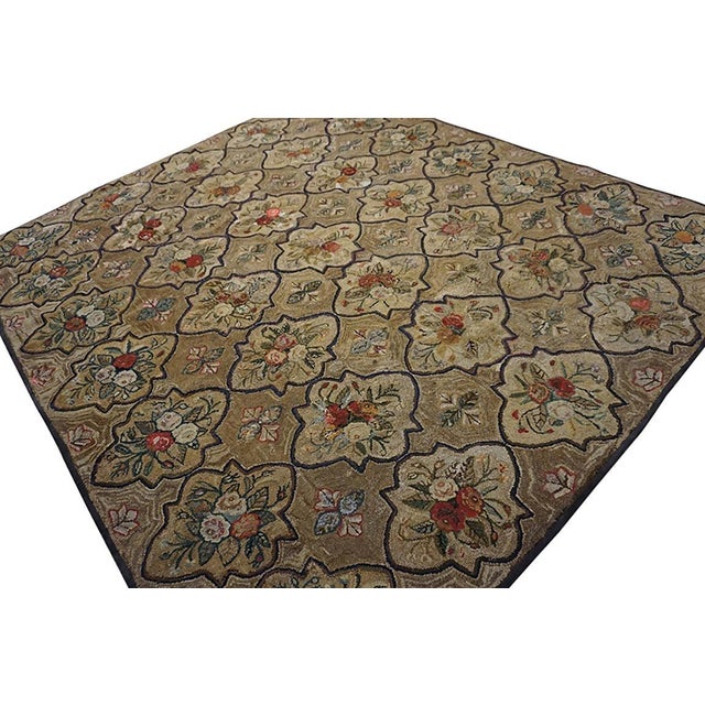 Distinguished Flowers in a Cloud Design & Camel Color Antique American Hooked Rug For Sale In New York - Image 6 of 10