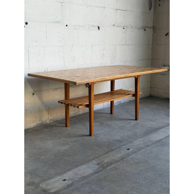 Vintage Danish Oak Coffee Table With Patterned Ceramic Tile Top and Slatted Shelf 1970s For Sale - Image 10 of 10