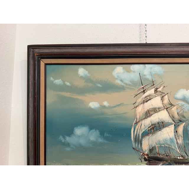 Large Vintage Signed Original Marine Oil Painting Tall Ship Nautical Seascape For Sale - Image 11 of 14