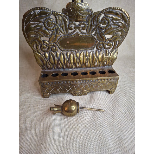 Rare 19thC Polish Brass Hanukkah Menorah Oil Lamp Crown Lions Judaica For Sale - Image 10 of 12