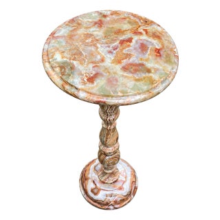 Handcrafted Natural Green & Peach Onyx Pedestal Side Table by Zarva Stone For Sale