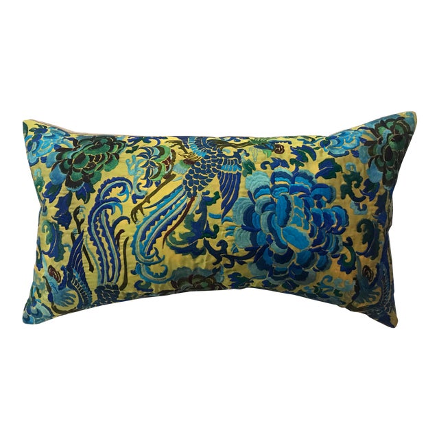 Hollywood Regency Silk Turquoise Embroidered Chinoiserie Boudoir Pillow