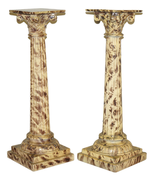 Hand Carved Corinthian Pillar Pedestal Stands in Faux Marble Paint, 1940s, Set of 2