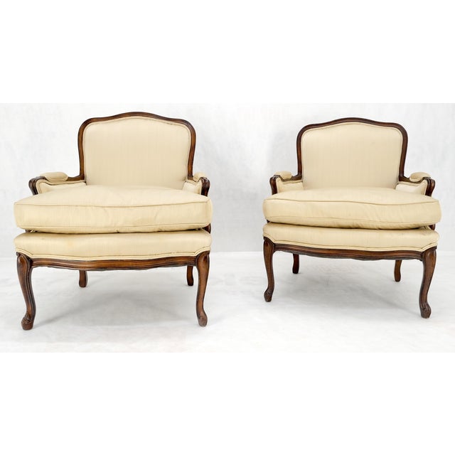 Pair Down Filled Cushions Silk Like Upholstery Carved Legs French Lounge Chairs For Sale - Image 13 of 15