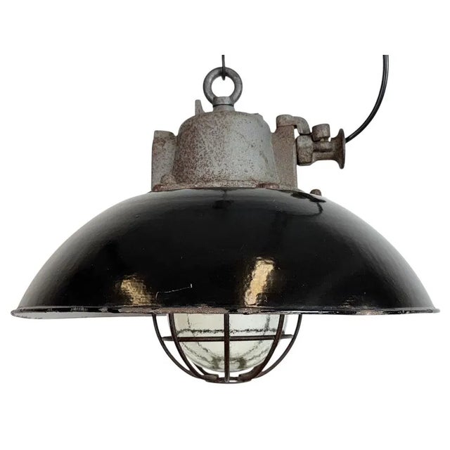Industrial Black Enamel and Cast Iron Cage Pendant Light from Elektrosvit, 1960s For Sale - Image 18 of 18