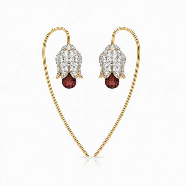 Silver, gold Lily flower earrings with garnet briolettes. Lily flower earrings. Garnet earrings. White flower wedding...