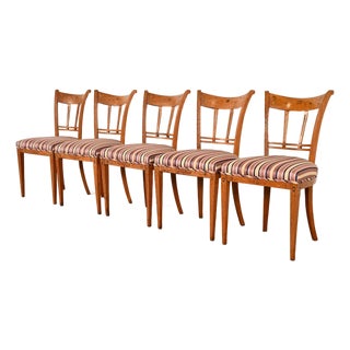 Antique Italian Regency Fruitwood Inlaid Marquetry Dining Chairs, Set of Five For Sale