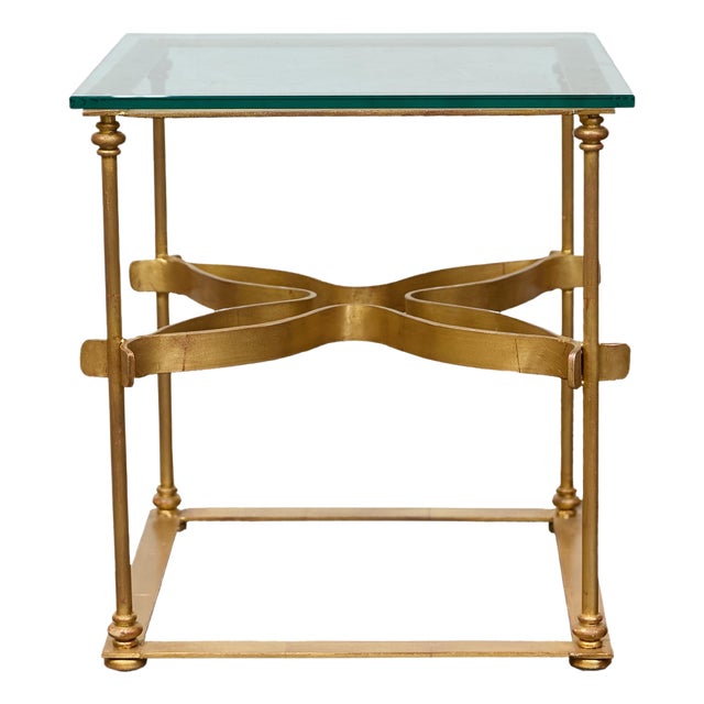 Midcentury Italian Gilt Metal Cocktail Table - Glass Top and Star Stretcher For Sale