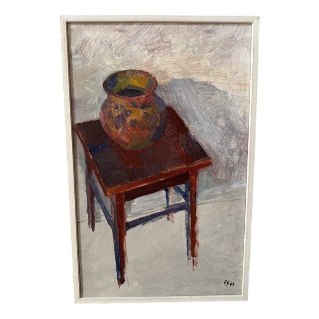 Fritz Sjöström, Krukan (Pot on Table), 1982, Oil on Panel, Framed For Sale