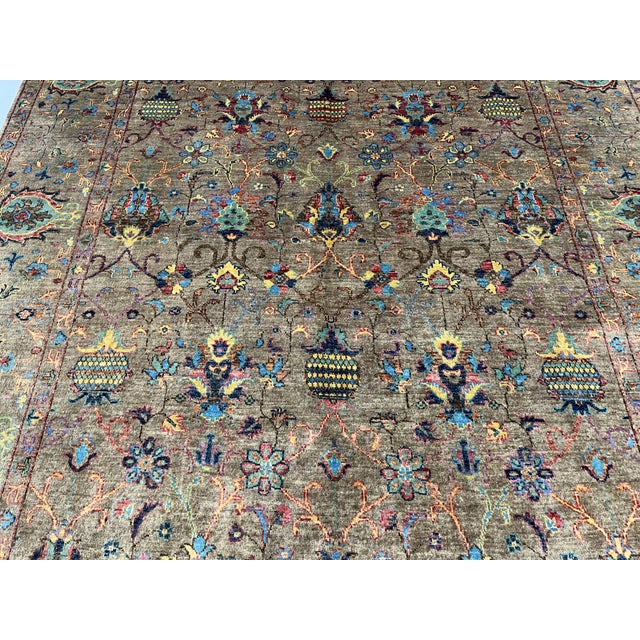 Taupe Taupe Afghan Sultani Natural Dye Wool Rug, Persian Floral Botanical Design, 6′7″ × 9′2″ For Sale - Image 8 of 13