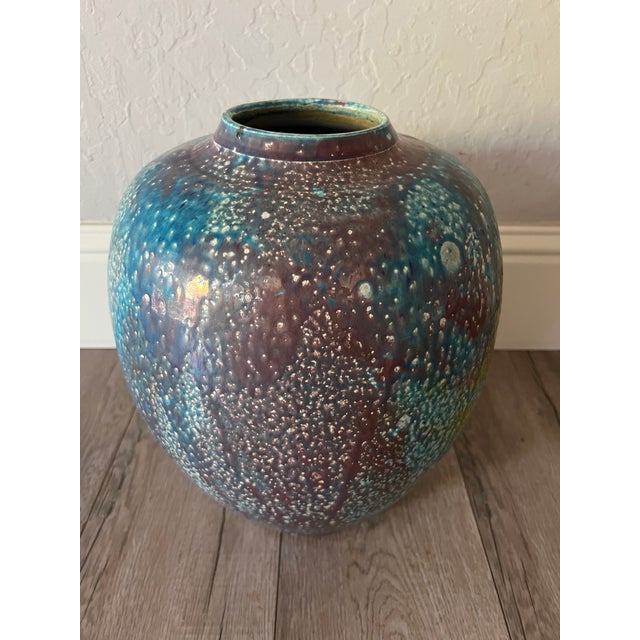 Late 20th Century Raku Studio Pottery Vase Copper Blue Luster Glaze Signed For Sale - Image 5 of 7