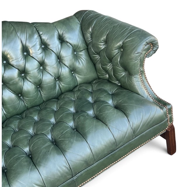 Vintage English Chippendale-Style Forest Green Tufted Leather Camelback Settee For Sale - Image 11 of 15