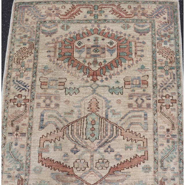 Textile Afghanistan Heriz-Serapi Runner With Ivory Field and Soft Green Accents For Sale - Image 7 of 13