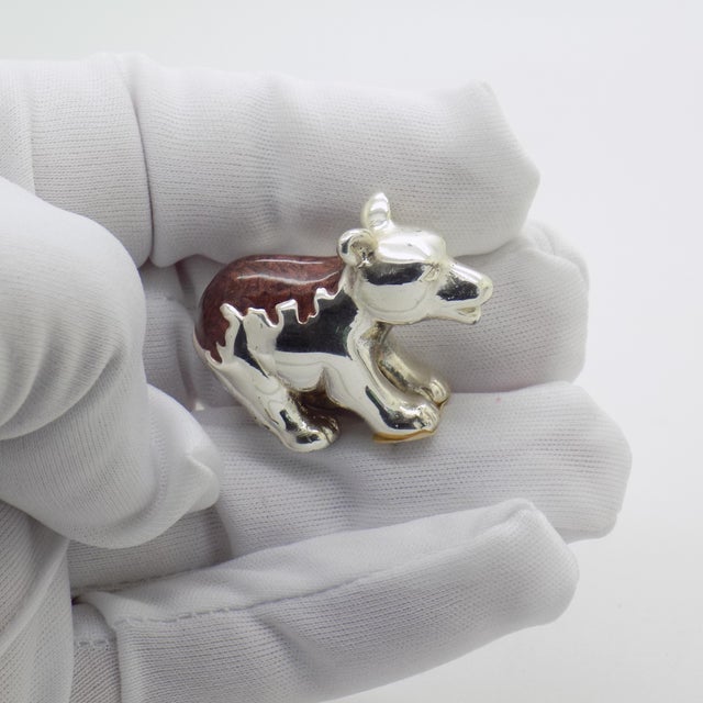 Vintage Italian Sterling Silver 925 Brown Enameled Bear Cub Miniature from Ottaviani, Rome, 1980s, in Good conditions....