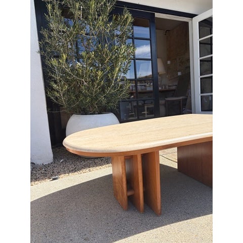 Mid-Century Modern Mid Century Travertine Top Coffee Table With Sculptural Teak Wood Base For Sale - Image 3 of 13