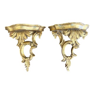Pair of Mid-Century Italian Rococo Giltwood Wall Shelves For Sale