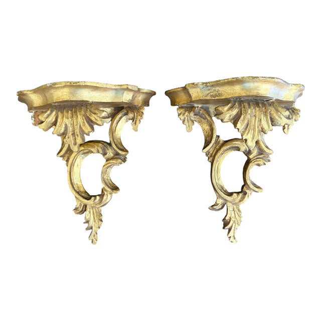 Pair of Mid-Century Italian Rococo Giltwood Wall Shelves For Sale