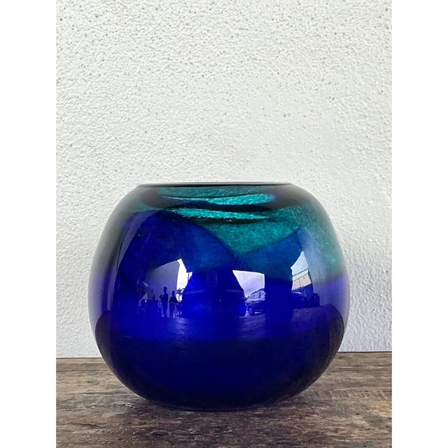 Vintage Blue and Green Glass Sphere Vase For Sale - Image 4 of 12