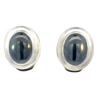 1990s Tiffany & Co Estate Natural Hematite Cabochon Earrings Sterling Silver, 2 Pieces For Sale