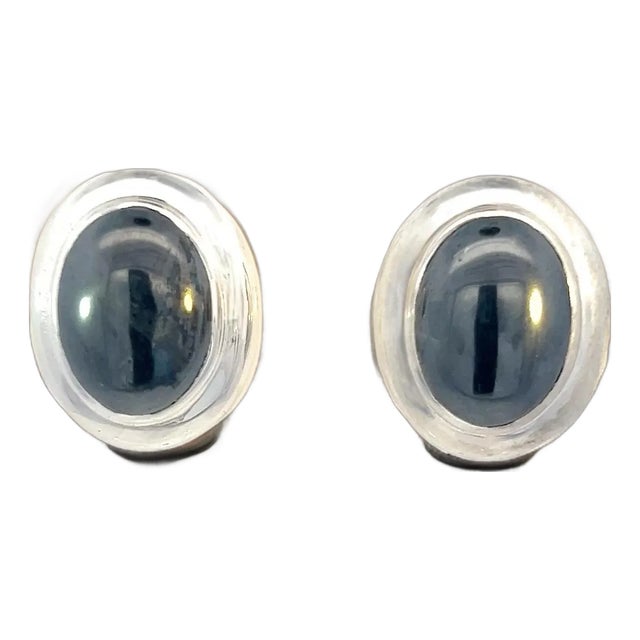 1990s Tiffany & Co Estate Natural Hematite Cabochon Earrings Sterling Silver, 2 Pieces For Sale