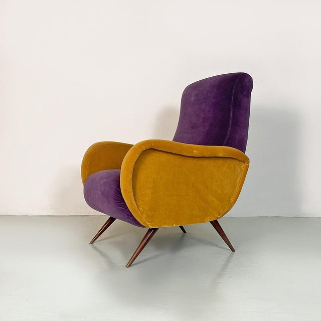 Mid-Century Italian Purple and Yellow Armchair with Wood Conical Legs, 1960s For Sale - Image 4 of 14