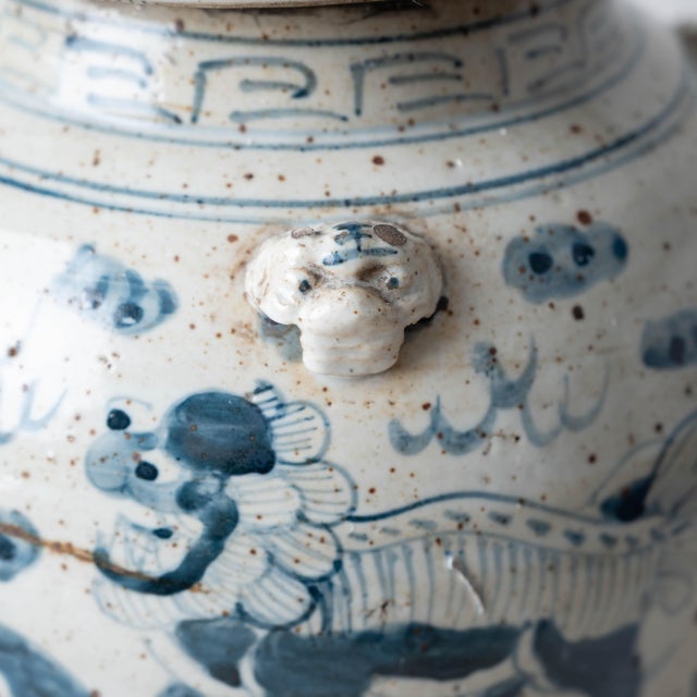Pair of Chinese Blue and White Glazed Jars With Foo Dog Lid Finials For Sale - Image 10 of 14