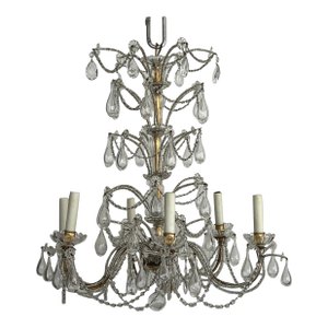 Antique Italian 19th Century Gold Crystal Beaded Clear Hand Blown Drops Chandelier