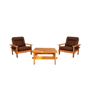 Armchairs and Coffee Table in Pine, 1970s, Set of 3 For Sale