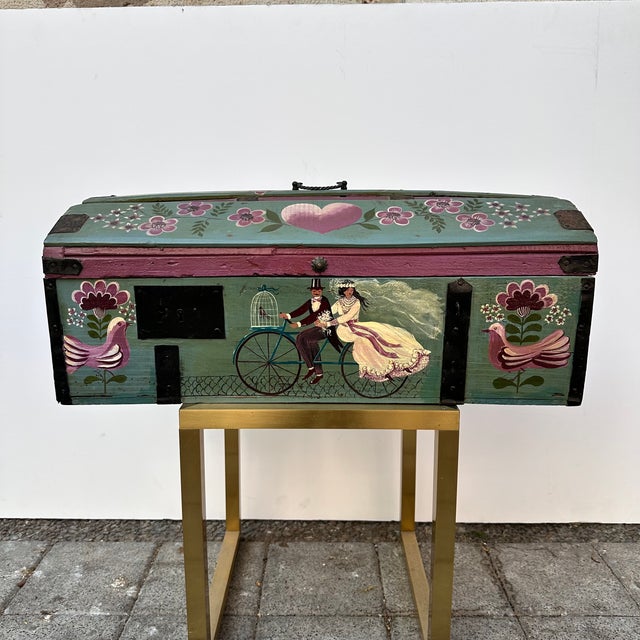 Provençal Style Wedding Chest in Polychrome Wood and Wrought Iron, France, 1930s For Sale - Image 4 of 18