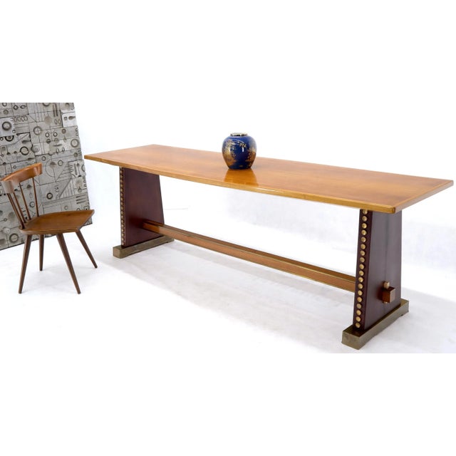 Mid-Century Modern Narrow Long Boat Shape Walnut Dining Harvest Table Studs Leather Brass Decorated For Sale - Image 3 of 12