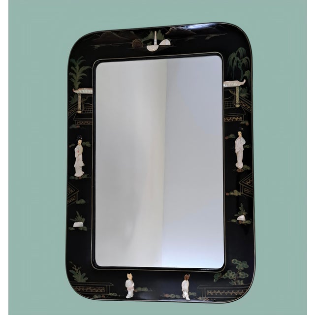 Vintage Chinese Black Lacquer Chinoiserie Wall Mirror With Mother-of-Pearl Inlay, 40" X 30" For Sale - Image 4 of 15