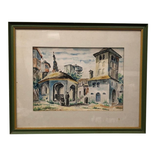 "City of Arches and Shadows" - Early 20th Century Antique Ottoman Original Watercolor Painting – Signed, Framed For Sale