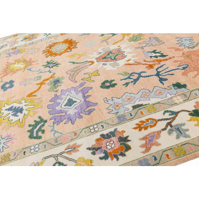 Contemporary Hand-Knotted Oushak Style Wool Rug in Soft Peach, Lavender & Ochre For Sale - Image 11 of 12