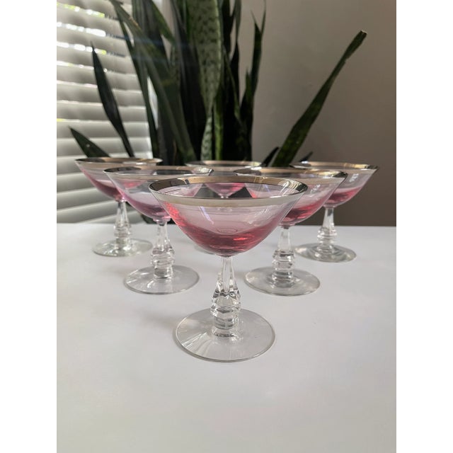 Mid 20th Century Tiffin Franciscan Pink Wisteria Stemware Glasses With Silver Rims - 11 Pieces For Sale - Image 5 of 13