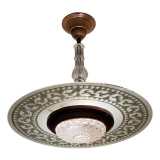 Art Nouveau UFO Pendant Lamp in Copper and Glass attributed to Ezan, 1930s For Sale