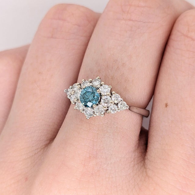 Modern Blue Diamond Ring With Earth Mined Diamond Accents: Solid 14k Gold, Round 4mm, Size 6.75 For Sale - Image 3 of 11