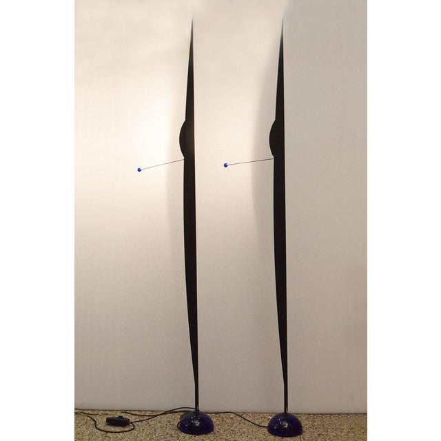 Rare Floor lamps model Flame design Gilles Derain for Lumen 1980s. Matt black painted steel frame with distinctive blade...