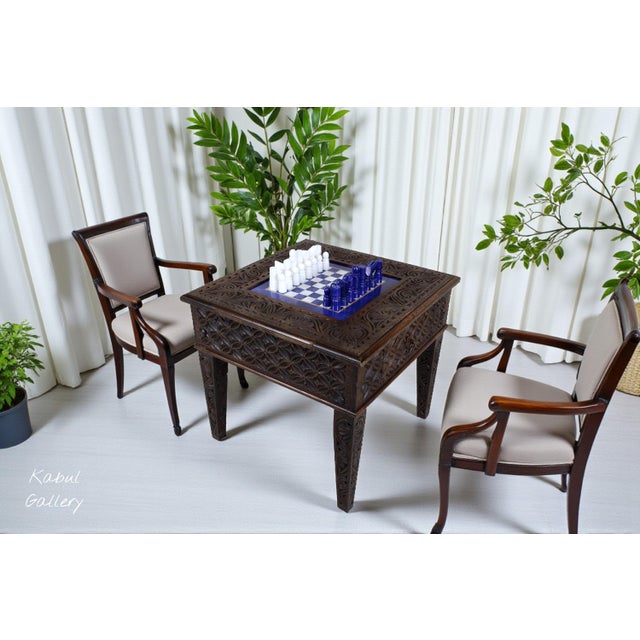 Chess Table with Chess Pieces in Handcarved Cedar, 1990s, Set of 17 For Sale - Image 4 of 18