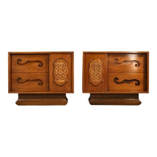 Attributed to Young Manufacturing Vintage Mid Century Modern Brutalist Spanish Revival Pair of Nightstands C. 1960s For Sale
