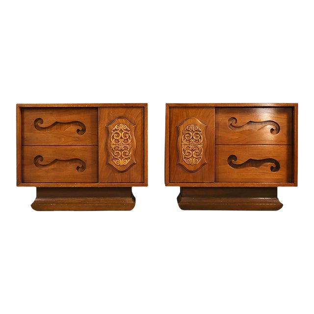 Attributed to Young Manufacturing Vintage Mid Century Modern Brutalist Spanish Revival Pair of Nightstands C. 1960s For Sale