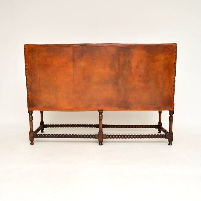 Wood Antique Leather and Carved Oak Bobbin Sofa, 1890 For Sale - Image 7 of 13
